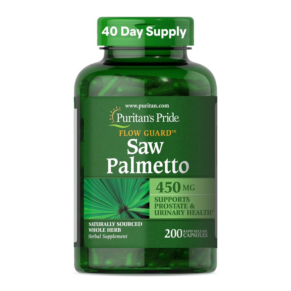 Puritan's Pride Flow Guard Saw Palmetto bottle supports prostate and urinary wellness.