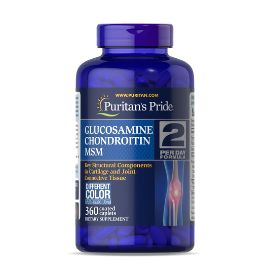 Puritan's Pride glucosamine chondroitin msm bottle illustrates joint support potential.