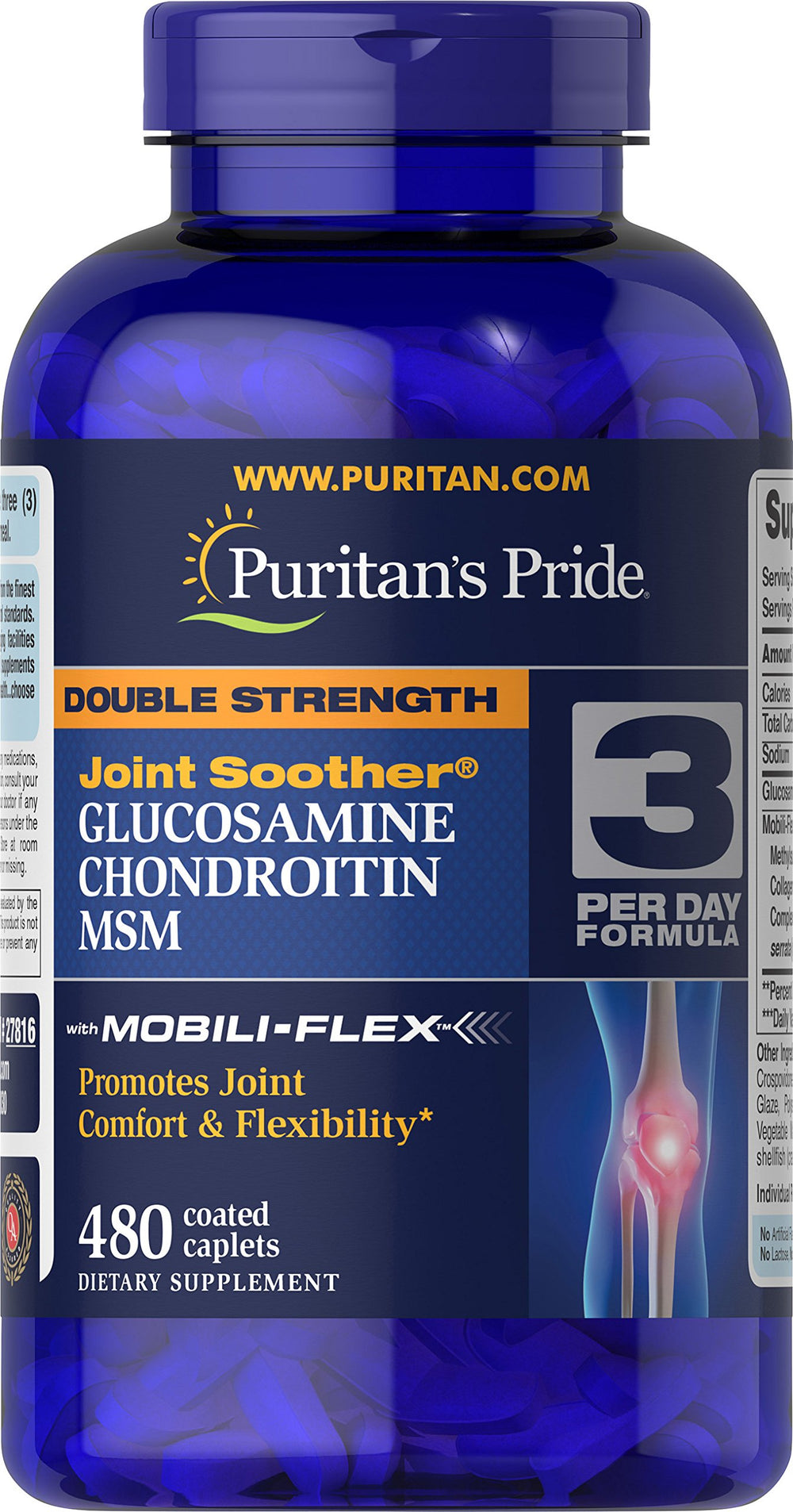 Puritan's Pride glucosamine-chondroitin-msm capsules bottle showing joint support potential.