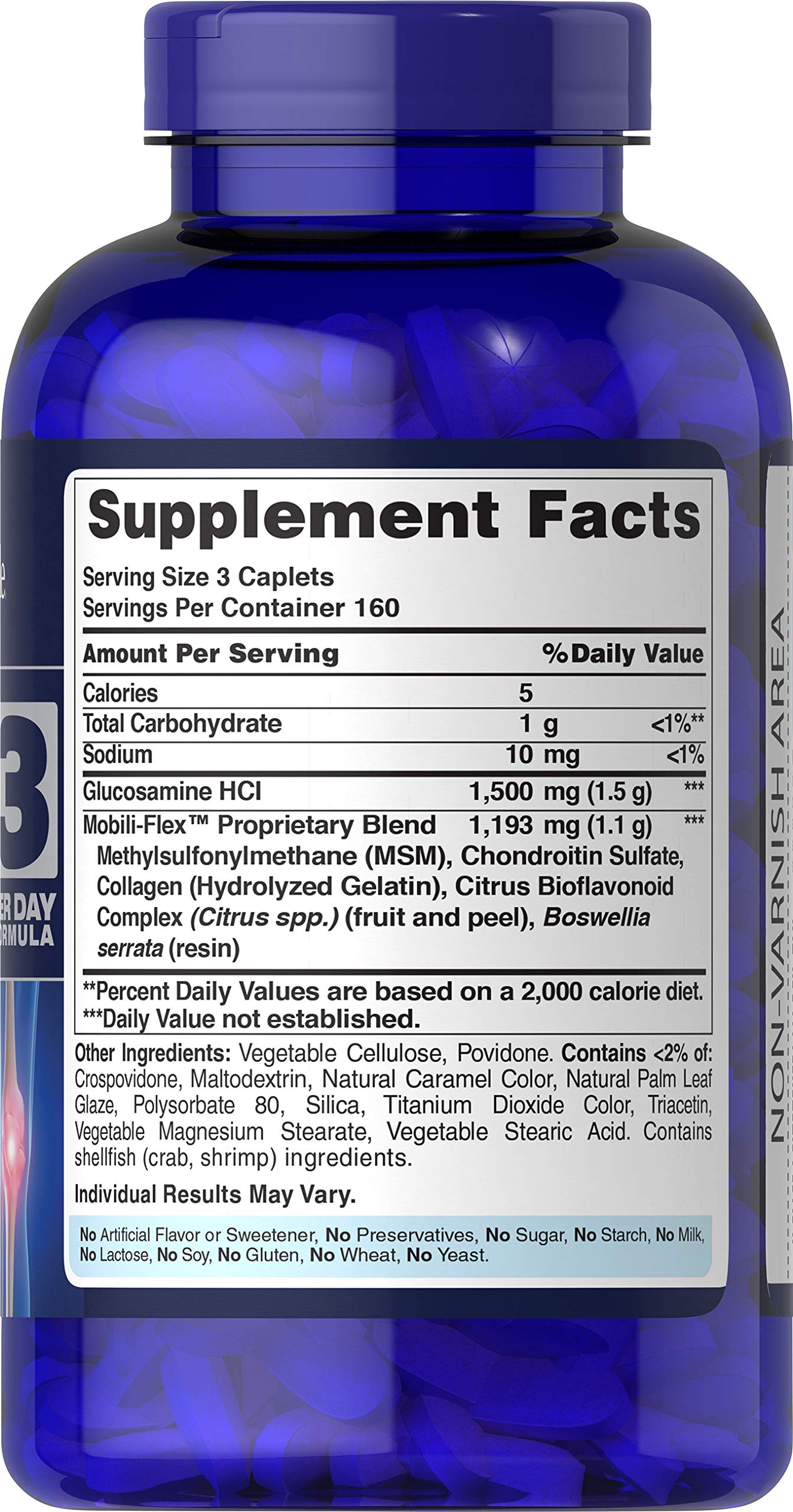 Puritan's Pride label close-up highlighting key ingredients for joint comfort.