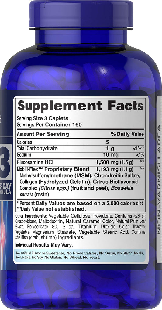 Puritan's Pride label close-up highlighting key ingredients for joint comfort.