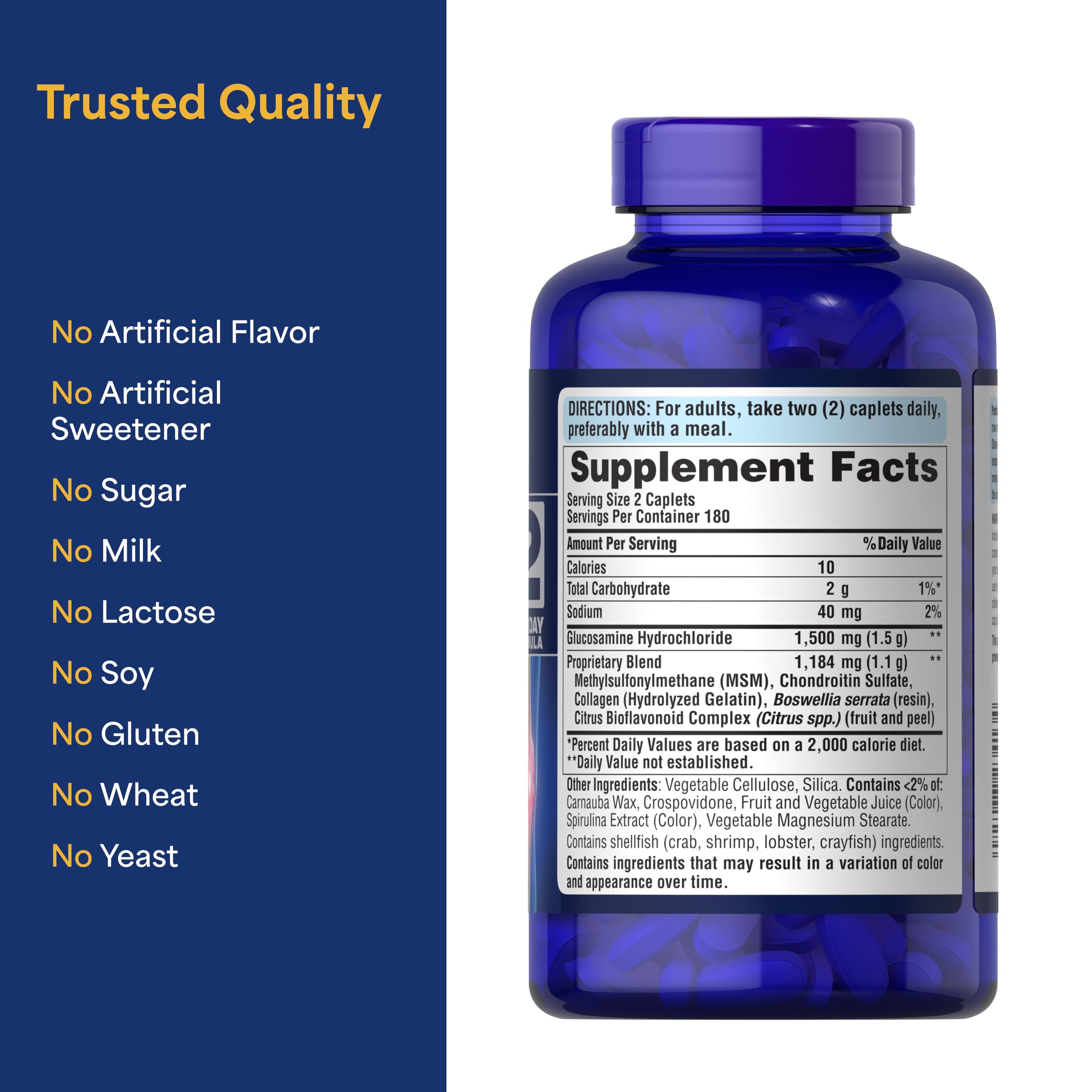 Puritan's Pride glucosamine chondroitin msm ingredient blend showcases holistic formulation.