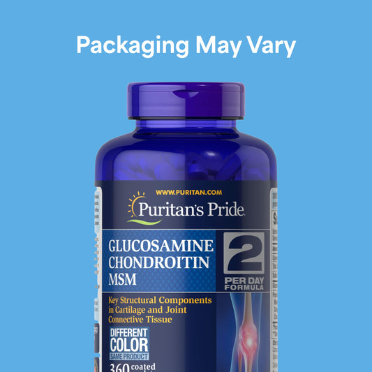 Puritan's Pride glucosamine chondroitin msm tablets closeup shows easy daily dosing.