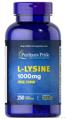 Puritan's Pride L-Lysine 1000 mg caplets bottle close-up for daily wellness.