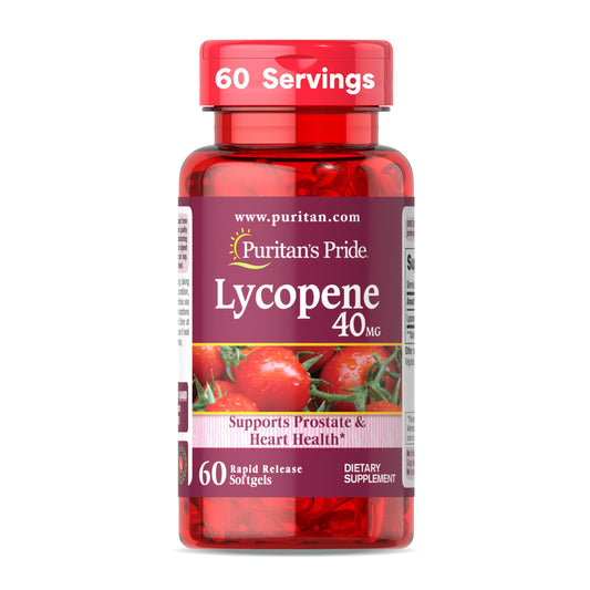 Puritan's Pride Lycopene 40 mg bottle label highlights antioxidant support.