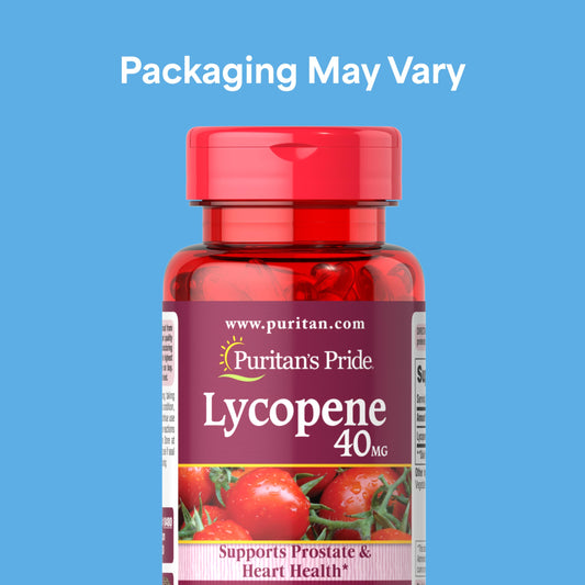 Puritan's Pride Lycopene softgels close-up shows easy-to-swallow capsules.
