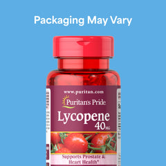 Puritan's Pride Lycopene softgels close-up shows easy-to-swallow capsules.