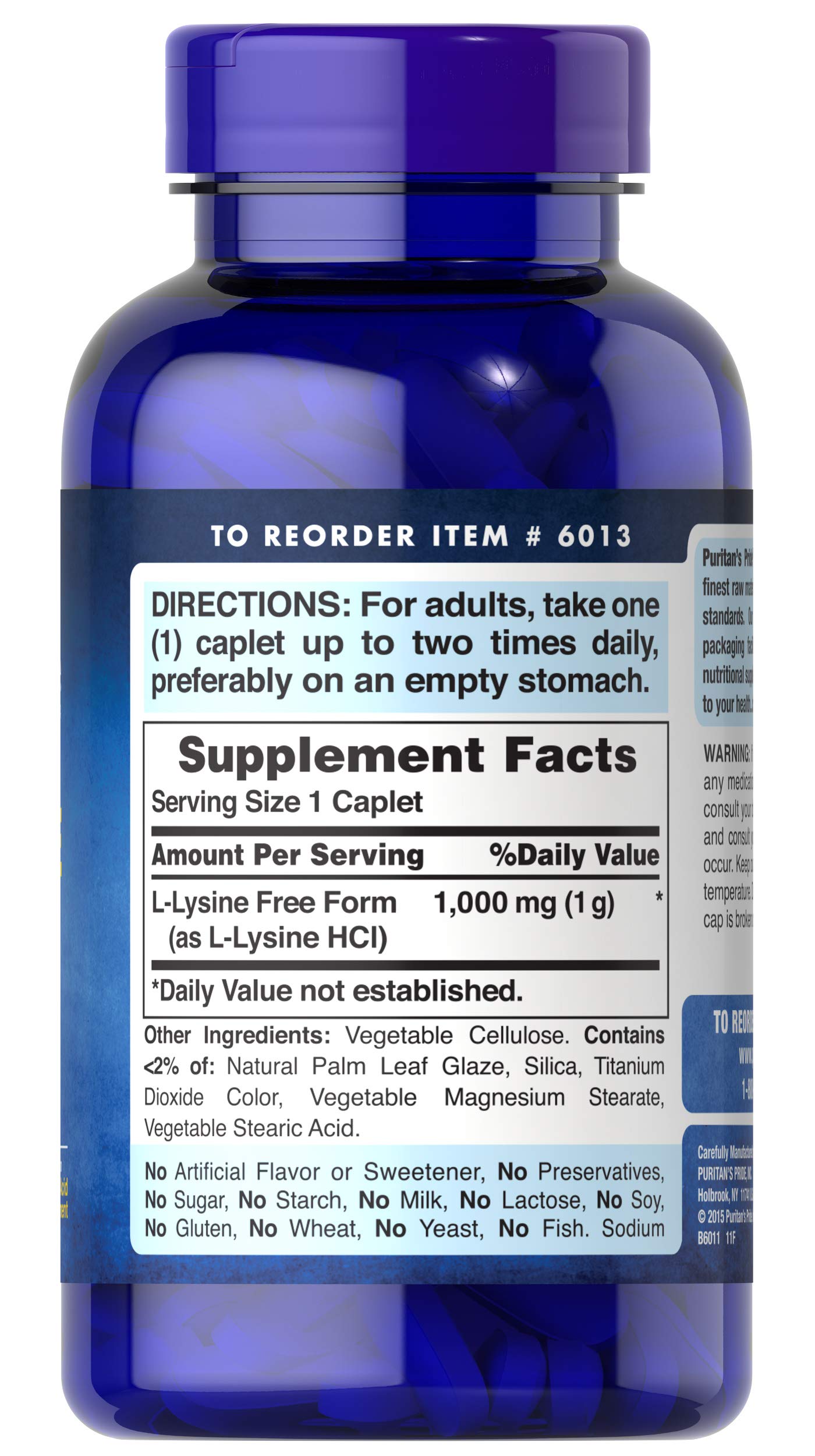 Puritan's Pride L-Lysine 1000 mg caplets box with 250-count label highlights long-term supply.