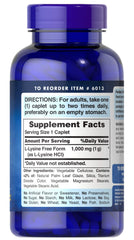 Puritan's Pride L-Lysine 1000 mg caplets box with 250-count label highlights long-term supply.