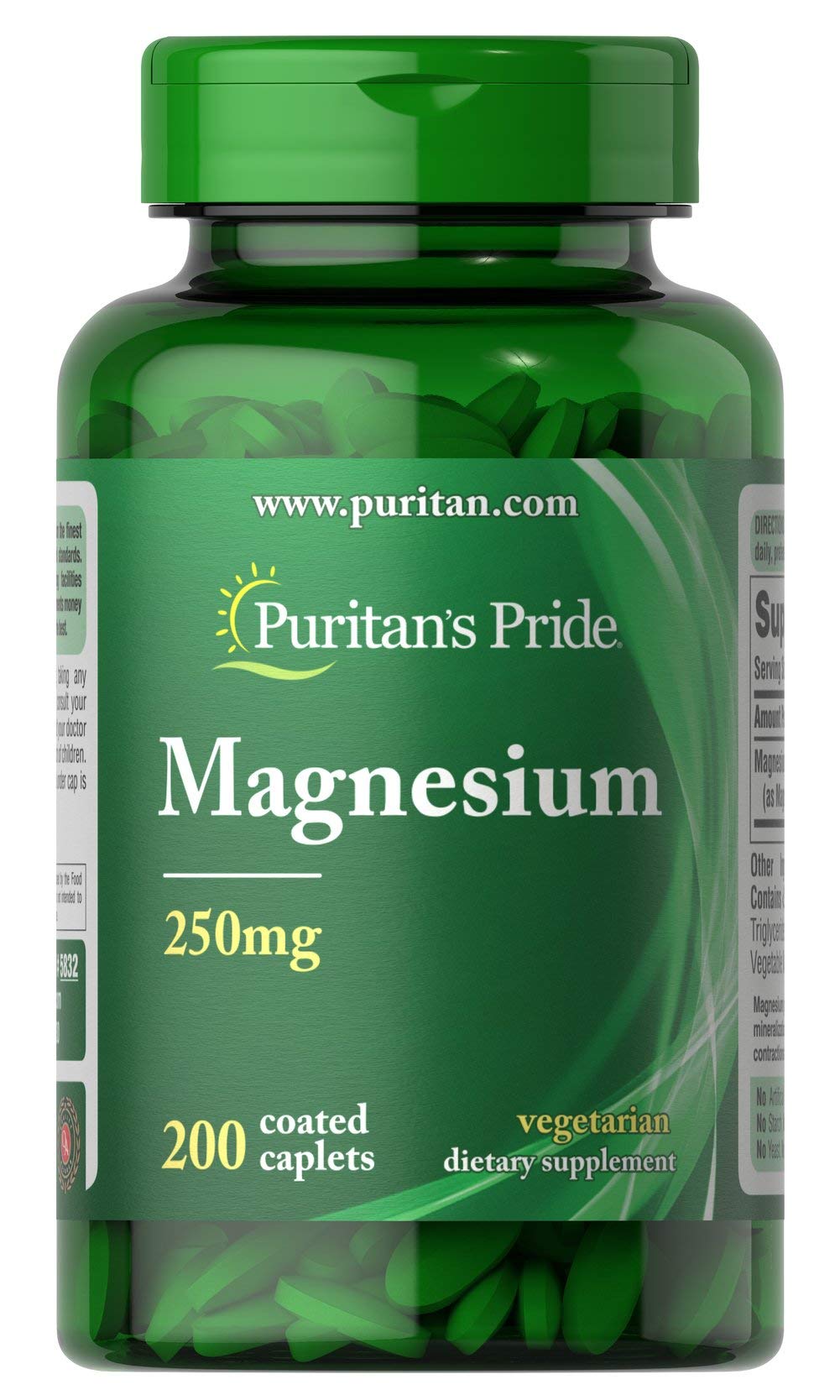Puritan's Pride Magnesium 250 mg bottle supports muscle function and bone mineralization for daily comfort