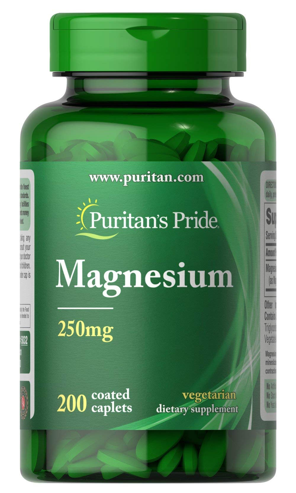 Puritan's Pride Magnesium 250 mg bottle supports muscle function and bone mineralization for daily comfort