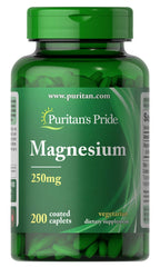Puritan's Pride Magnesium 250 mg bottle supports muscle function and bone mineralization for daily comfort