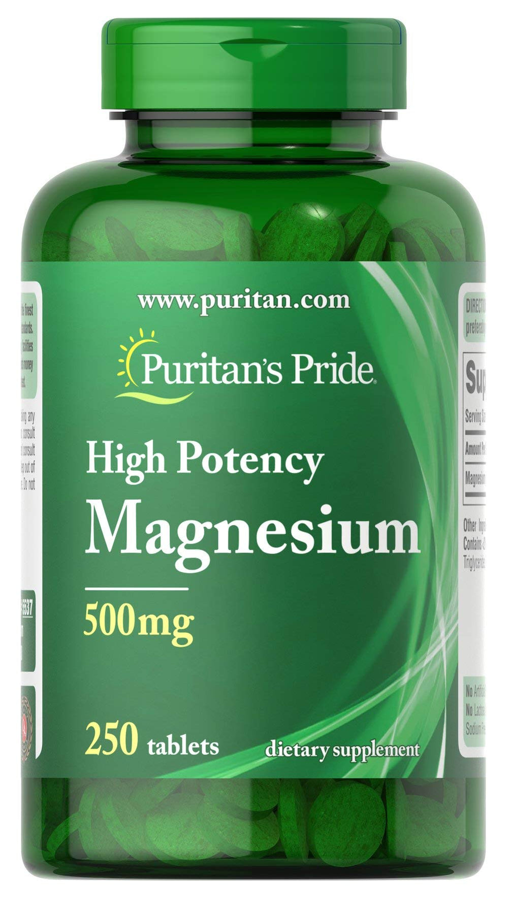 Puritan's Pride Magnesium 500 mg tablets bottle, supports bone and muscle health.