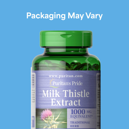Puritan's Pride milk thistle softgels close-up, rapid-release format for daily use
