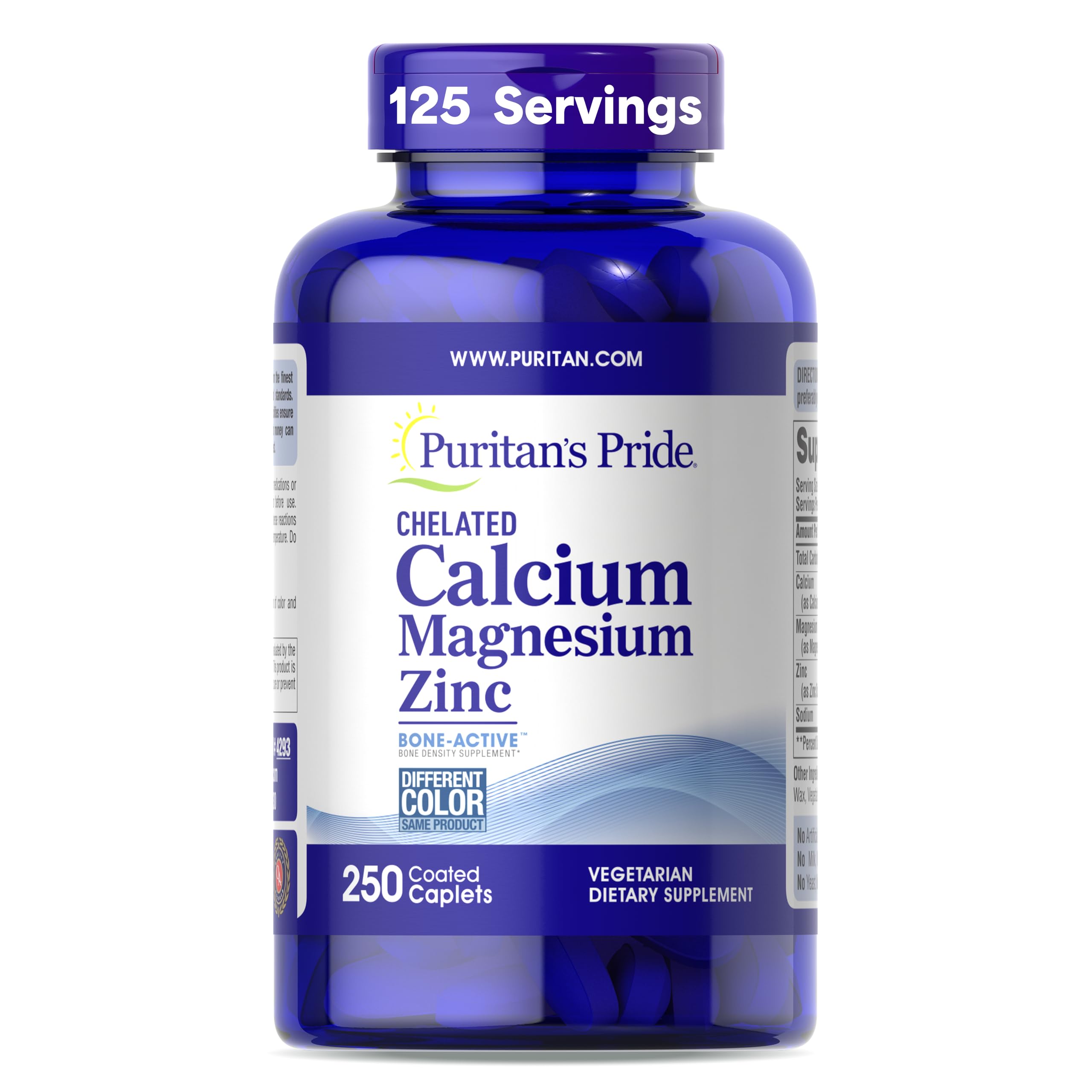 Puritan's Pride premium chelated calcium bottle shows bone-support minerals for daily health.