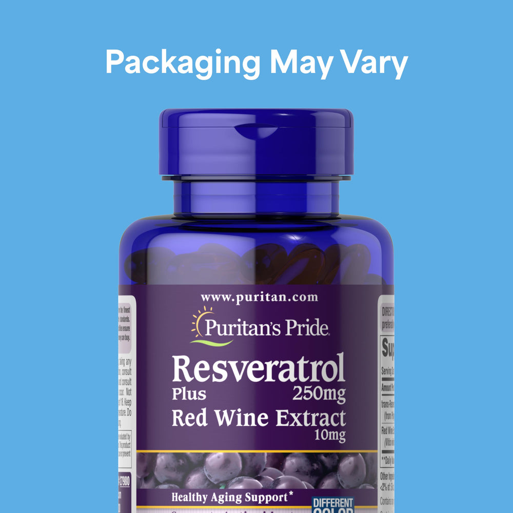 Puritan's Pride Resveratrol bottle label highlighting potency and features.