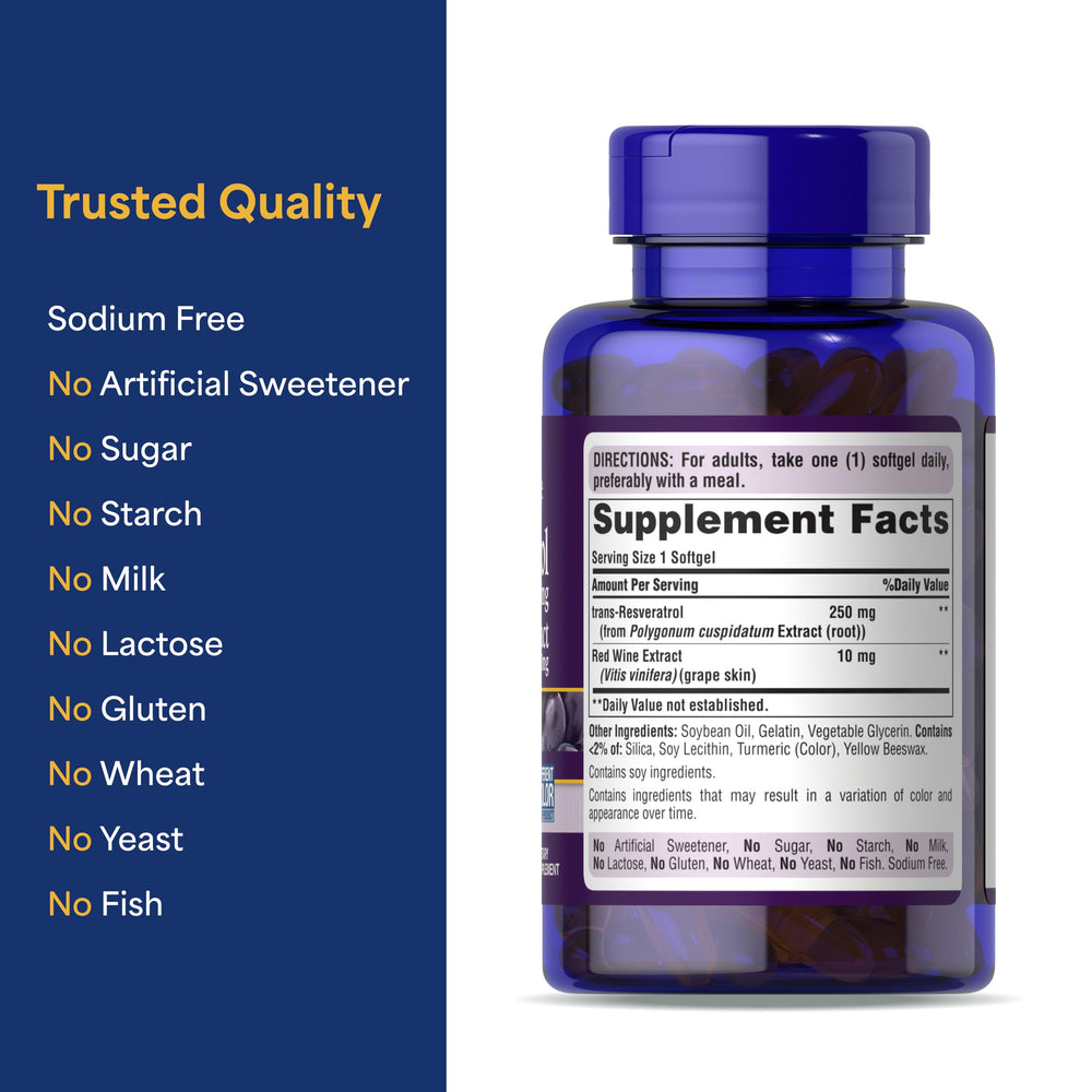 Puritan's Pride Resveratrol capsules inside a blister pack for convenience.