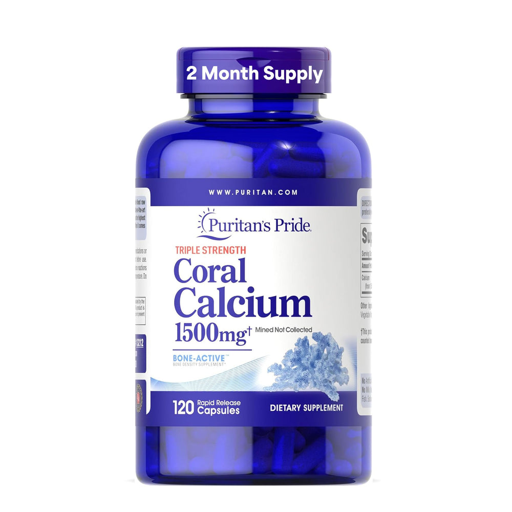 Puritan's Pride coral calcium bottle front with rapid-release capsules for daily bone support.