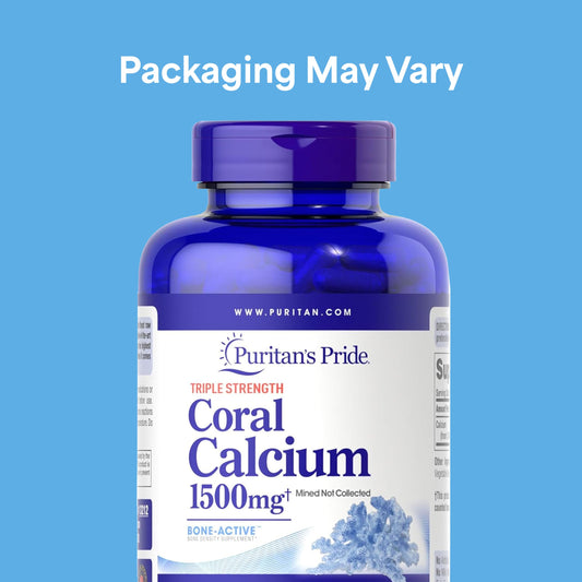 Puritan's Pride coral calcium bottle label highlights 1500 mg coral calcium content.