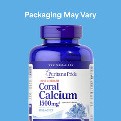 Puritan's Pride coral calcium bottle label highlights 1500 mg coral calcium content.