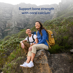 Puritan's Pride coral calcium product illustration emphasizes bone health and daily wellness.