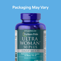 Puritan's Pride Ultra Woman 50+ timed-release capsules visible with steady nutrient delivery