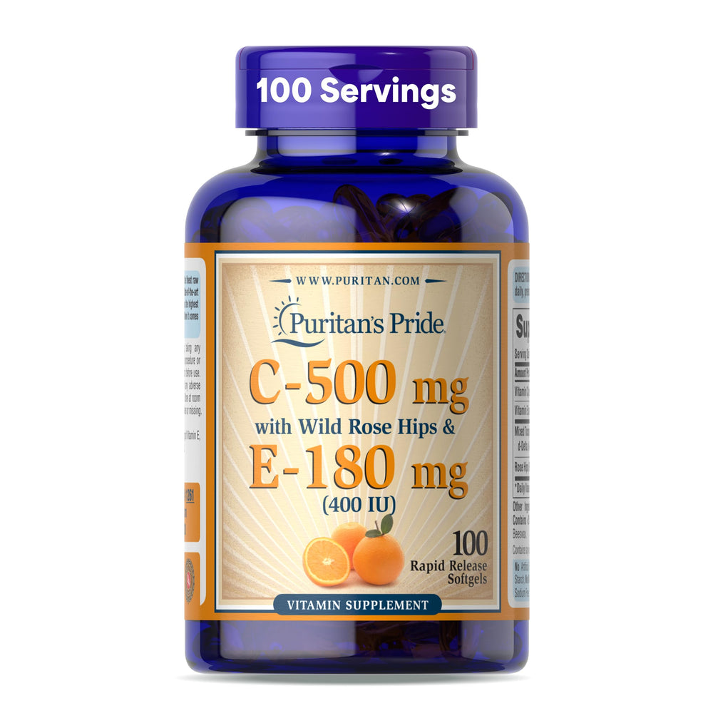 Puritan's Pride Vitamin C-500mg Rose HIPS softgel bottle for daily immune support.
