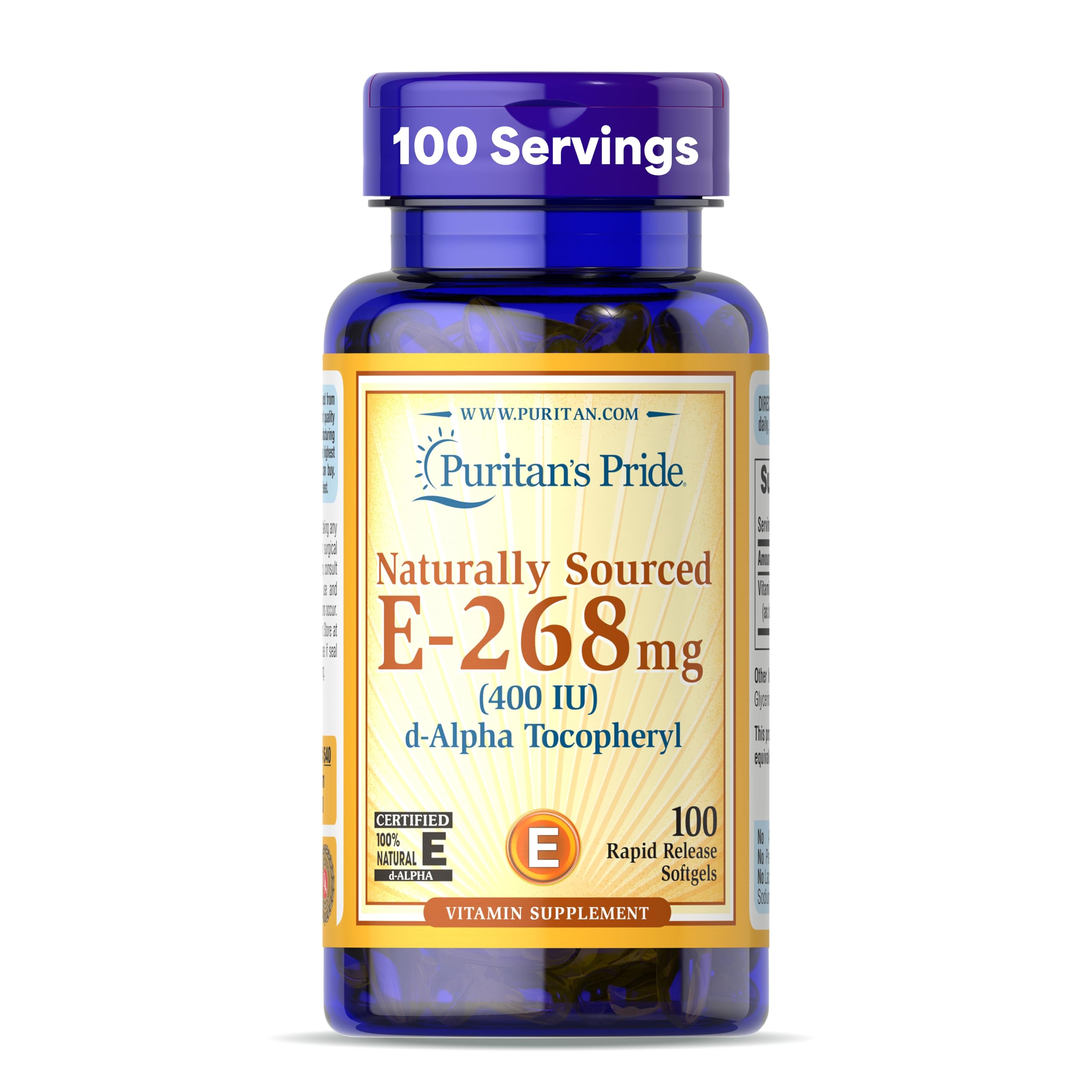 Puritan's Pride Vitamin E-268mg softgel bottle for convenient daily antioxidant support.