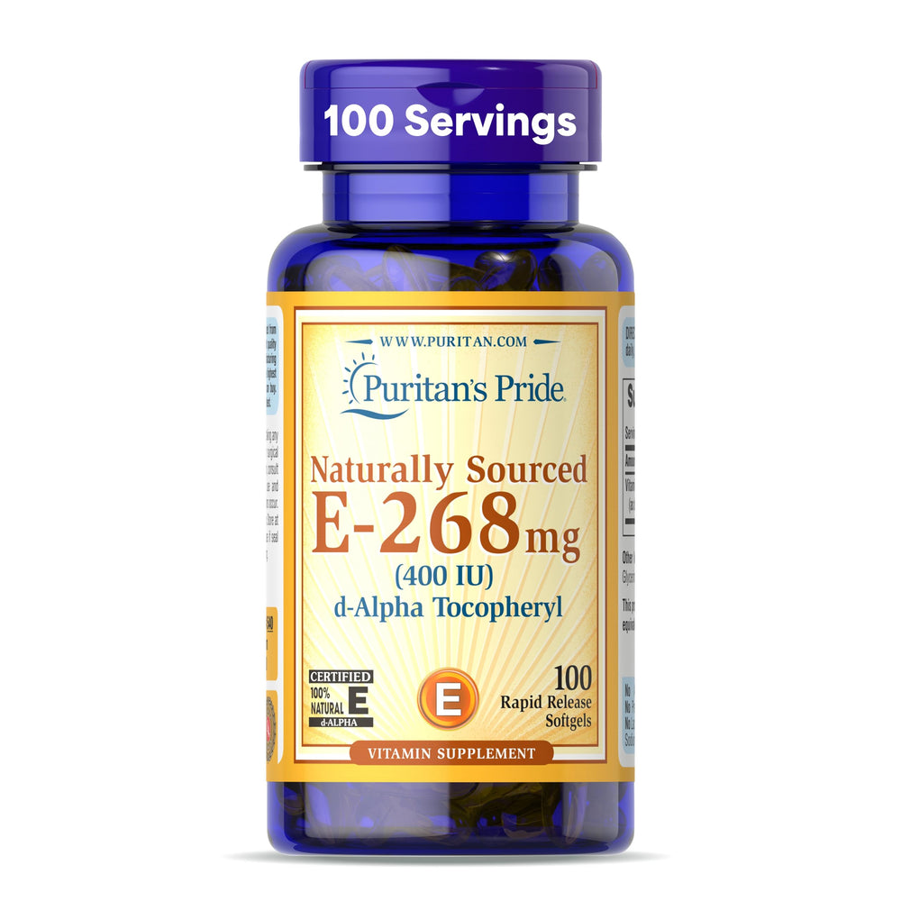 Puritan's Pride Vitamin E-268mg softgel bottle for convenient daily antioxidant support.
