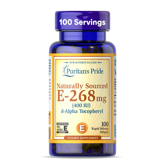 Puritan's Pride Vitamin E-268mg softgel bottle for convenient daily antioxidant support.