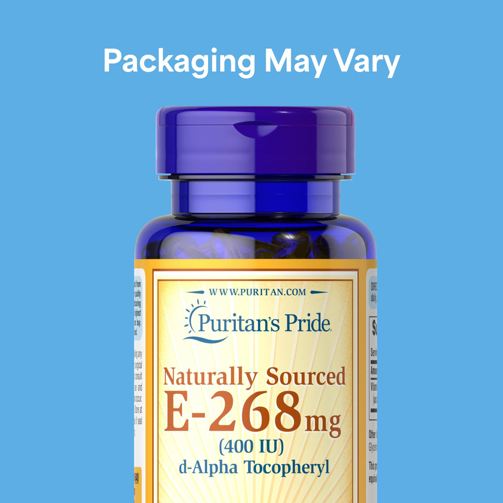 Puritan's Pride Vitamin E-268mg softgel closeup highlighting easy-to-swallow capsules for daily use.