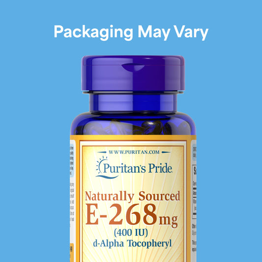 Puritan's Pride Vitamin E-268mg softgel closeup highlighting easy-to-swallow capsules for daily use.