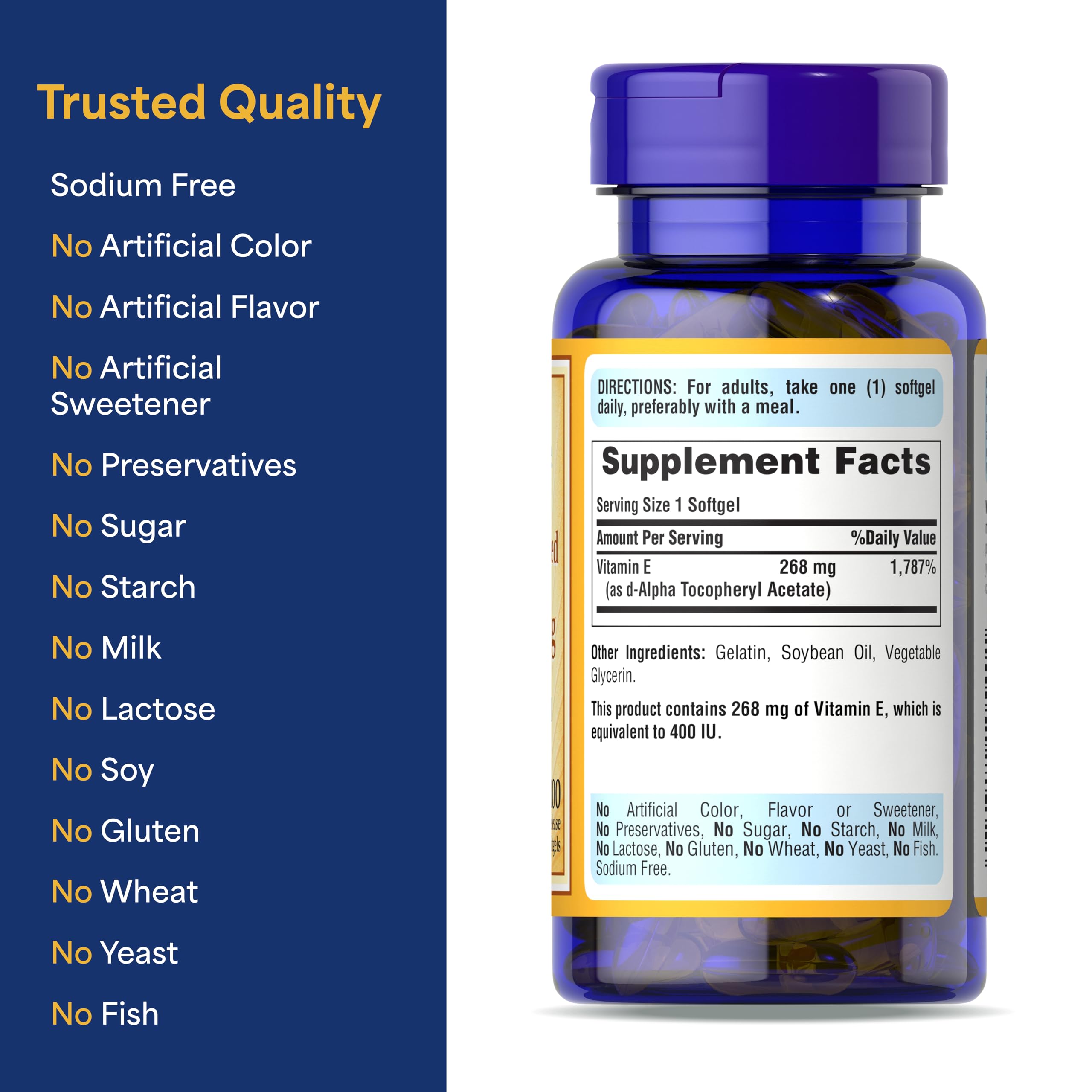 Puritan's Pride Vitamin E-268mg softgel packaging conveys quality and shelf-stable antioxidant benefits.