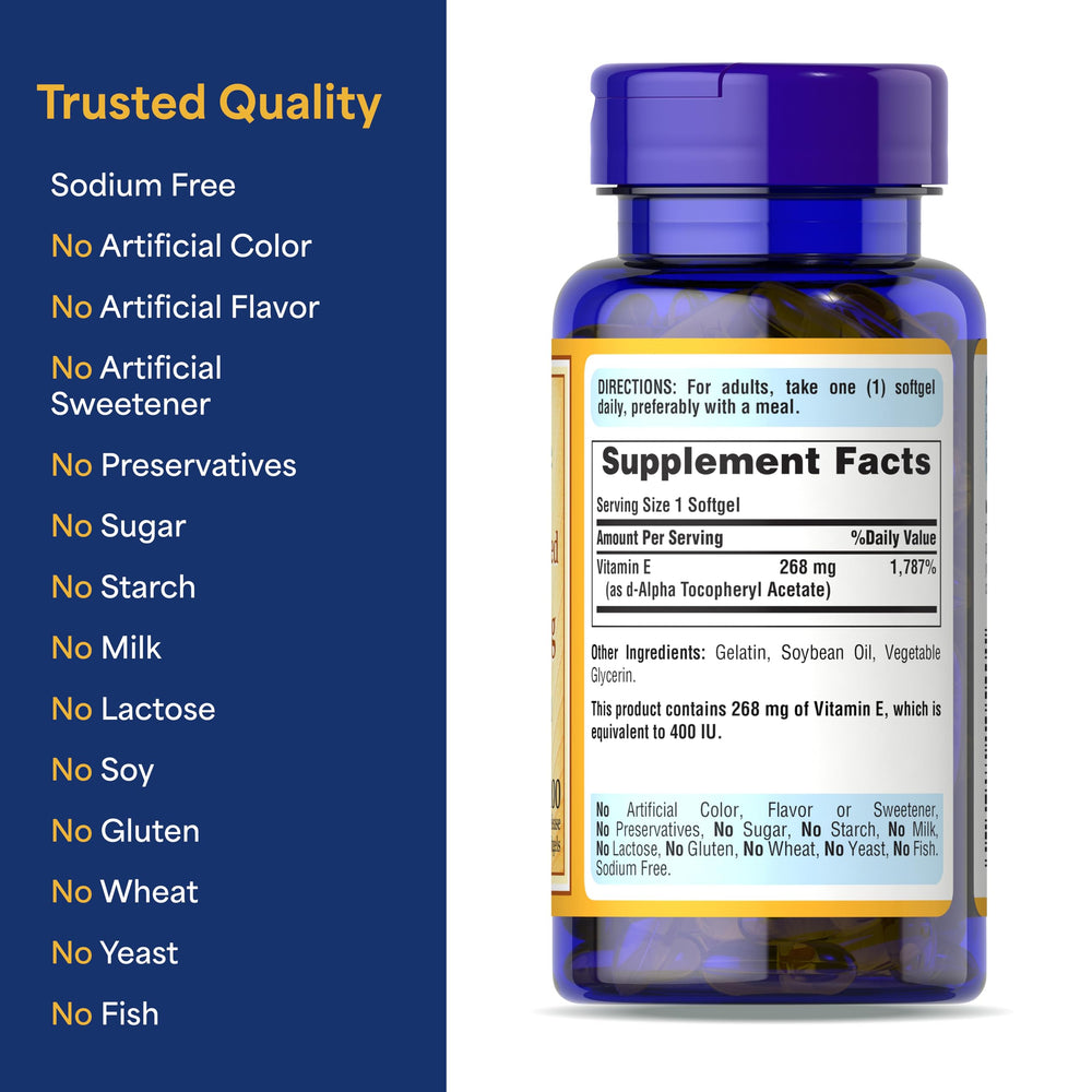 Puritan's Pride Vitamin E-268mg softgel packaging conveys quality and shelf-stable antioxidant benefits.