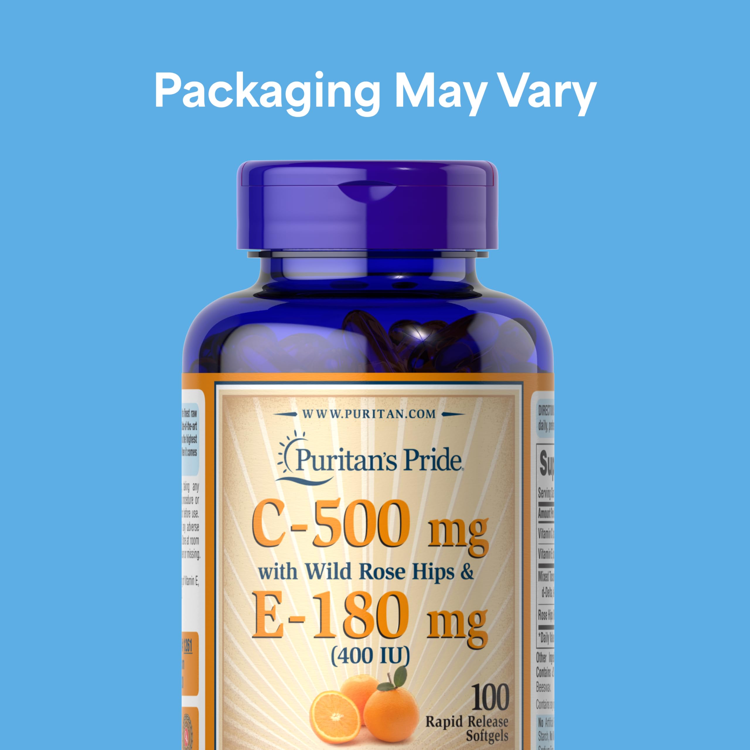 Puritan's Pride Vitamin E-400IU softgel bottle highlighting antioxidant benefits.