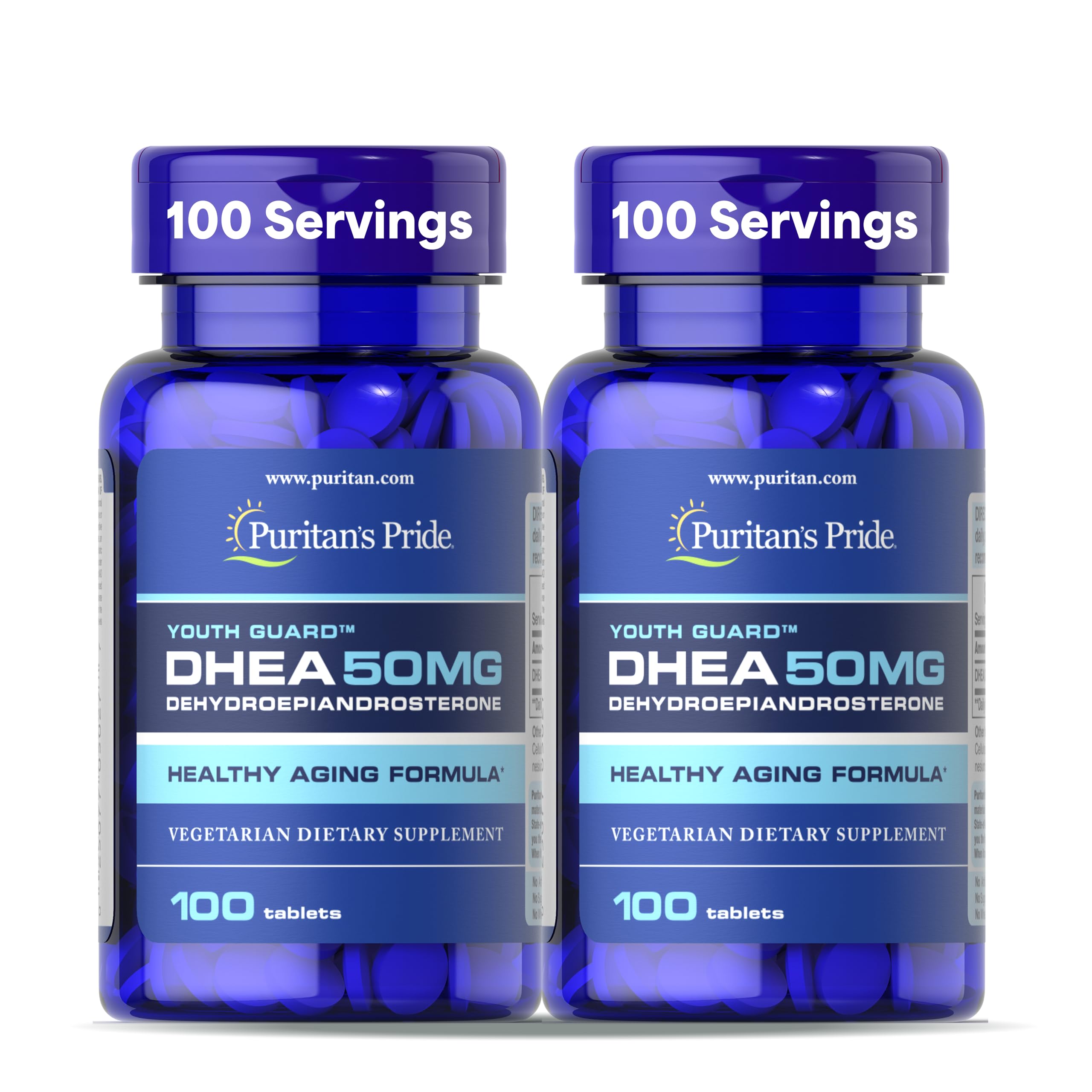 Puritan's Pride Youth Guard DHEA bottle with tablets supports daily wellness.