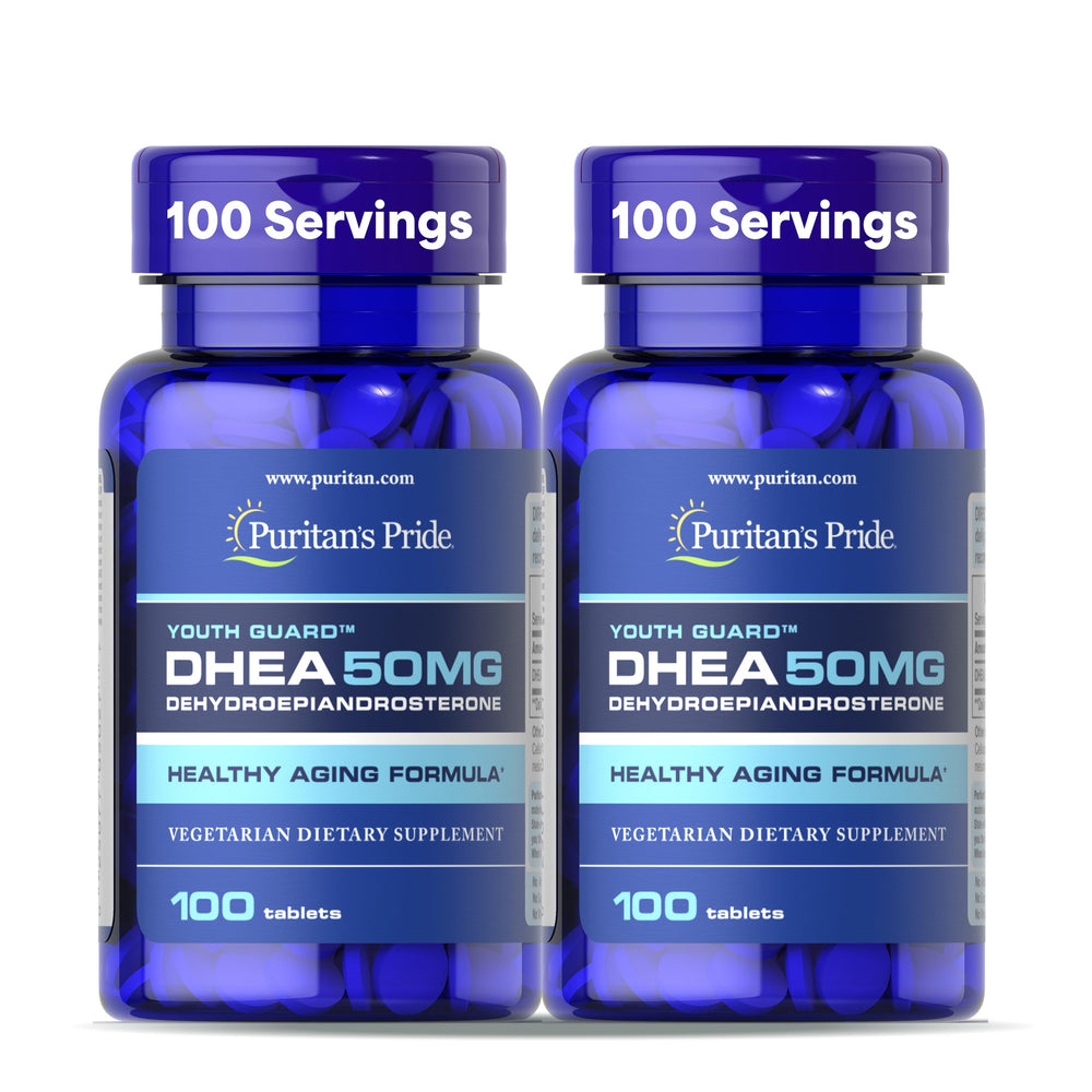 Puritan's Pride Youth Guard DHEA bottle with tablets supports daily wellness.