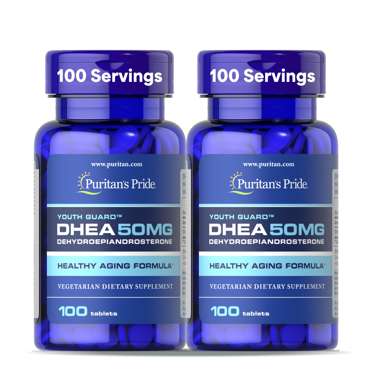 Puritan's Pride Youth Guard DHEA bottle with tablets supports daily wellness.