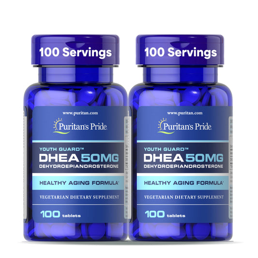Puritan's Pride Youth Guard DHEA bottle with tablets supports daily wellness.