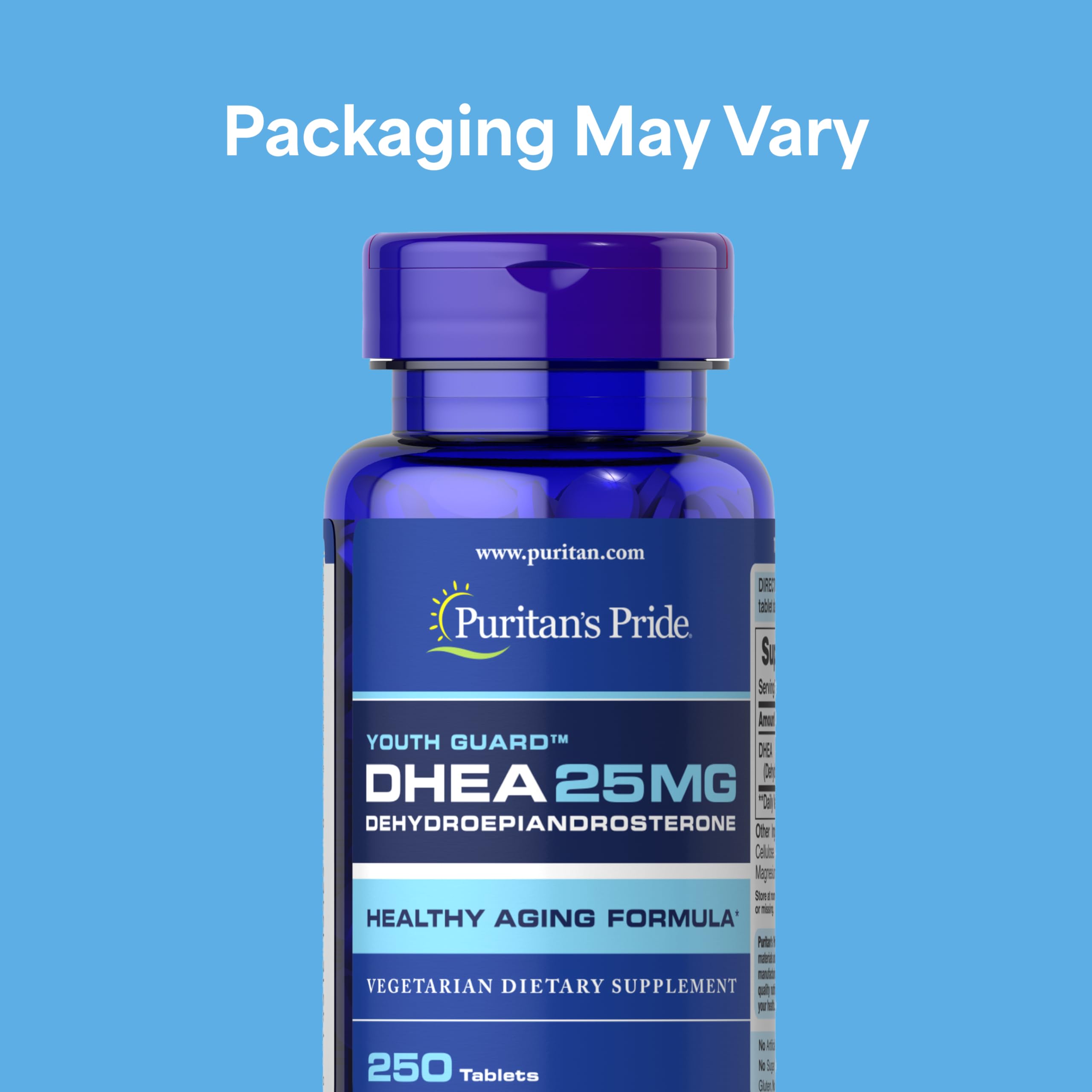 Puritan's Pride Youth Guard DHEA tablet closeup shows 25 mg dosage.
