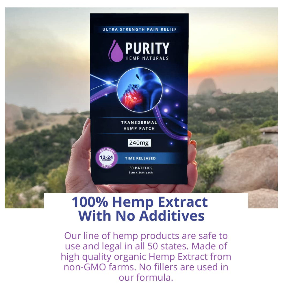 Purity Hemp Naturals box packaging highlights a 30-count patch for easy relief.