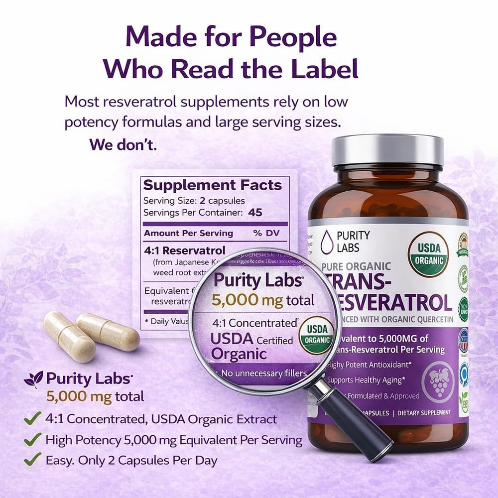 Label indicating organic Japanese knotweed source for Purity Labs formula