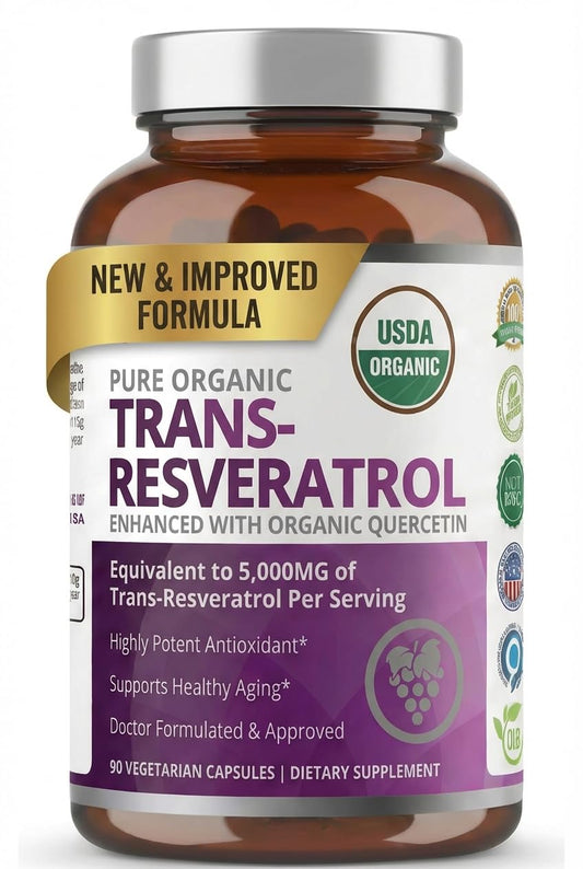 Purity Labs Trans-Resveratrol bottle on shelf highlighting daily wellness potential