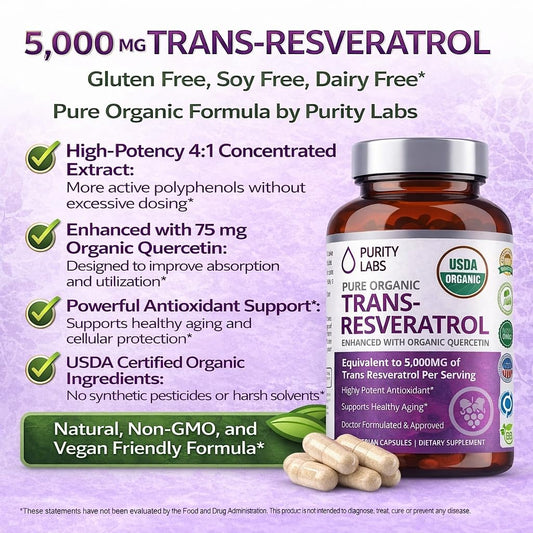 Close view of Purity Labs Trans-Resveratrol capsules for convenient daily use