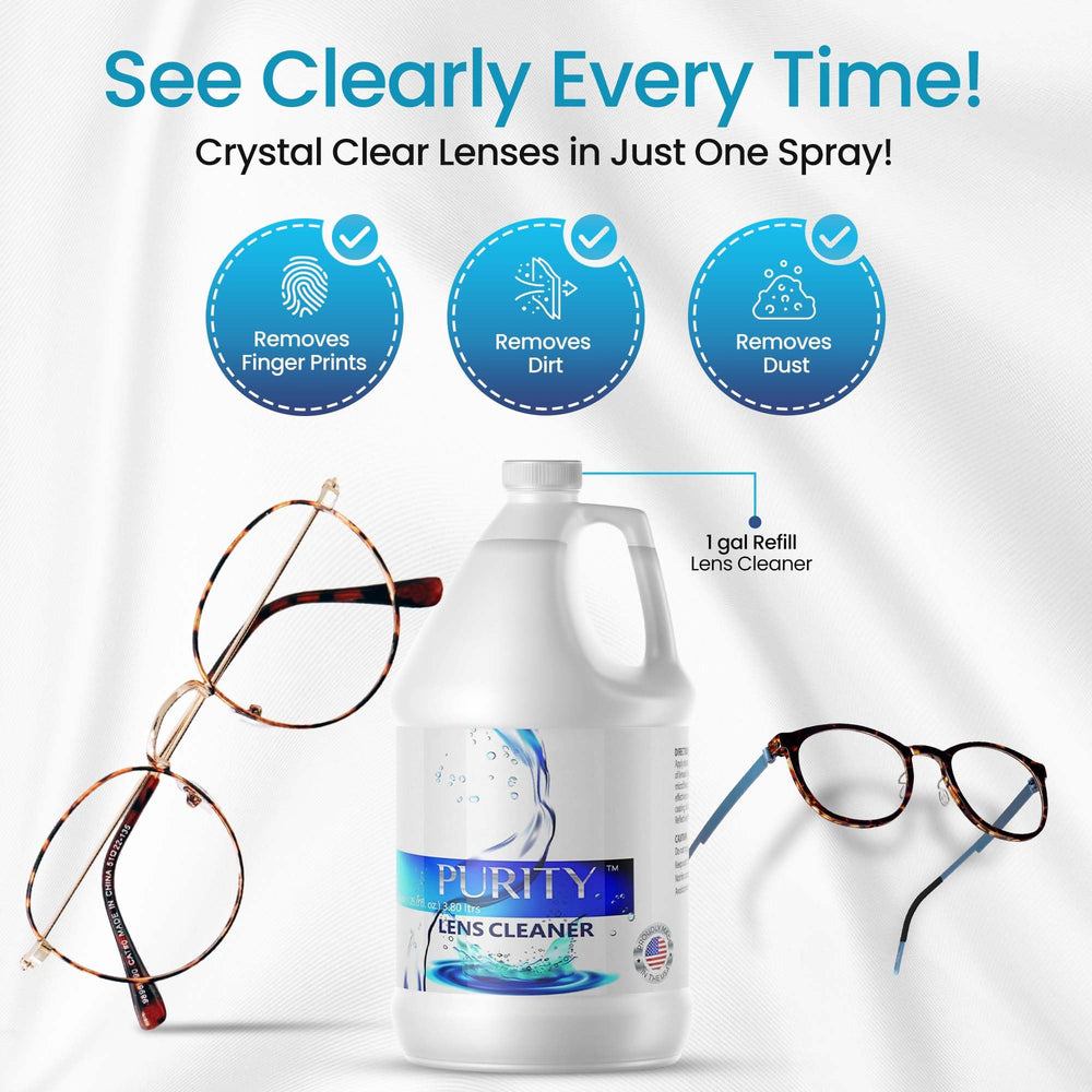 Purity Lens Cleaner spray demonstrates anti-drip, streak-free performance.