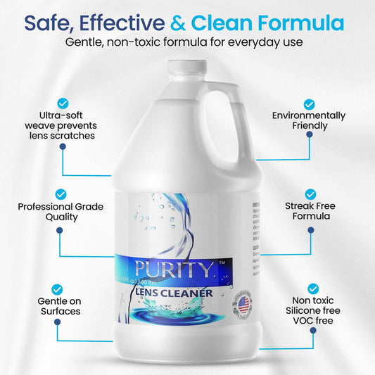 Purity Lens Cleaner applied on glasses for streak-free clarity.