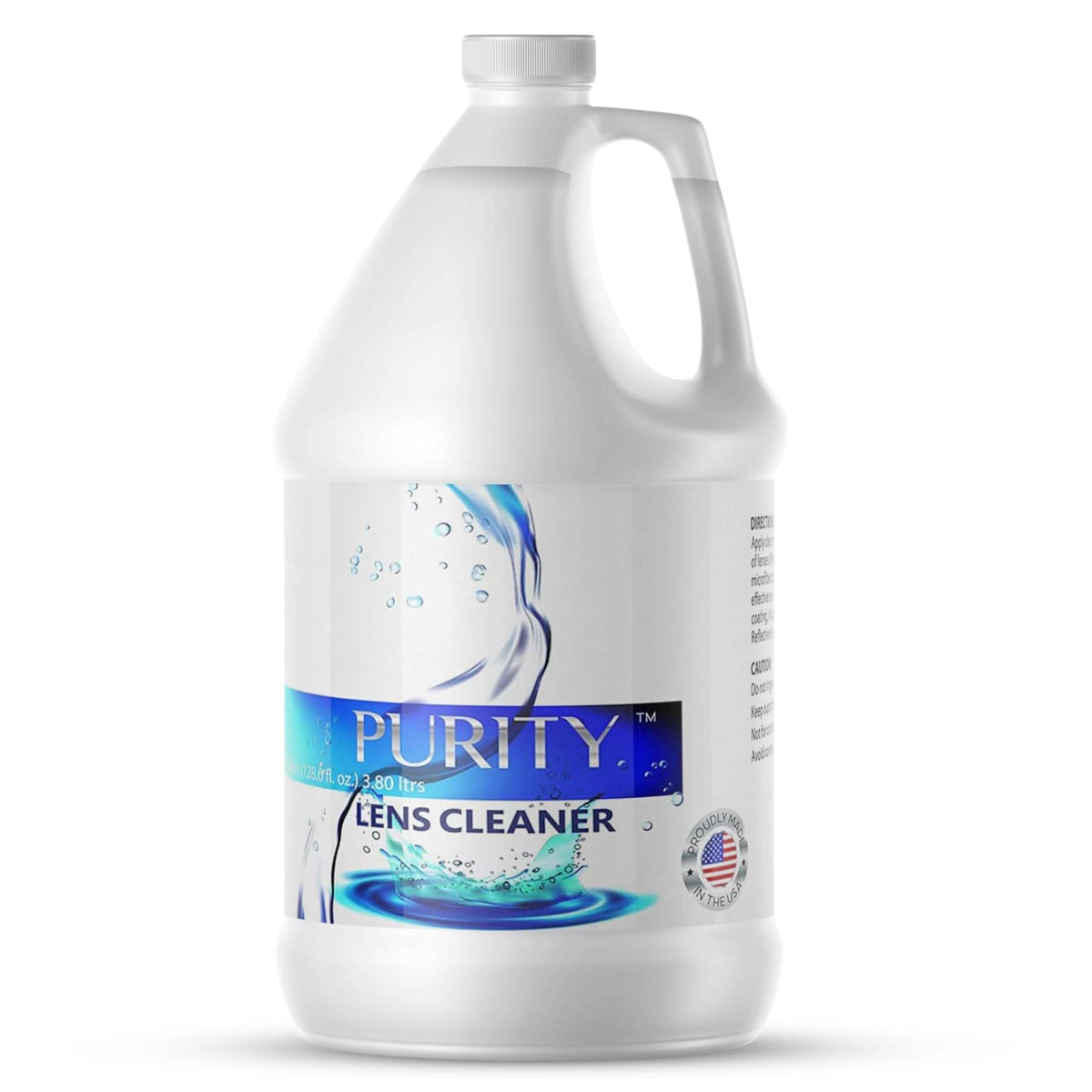 Purity Lens Cleaner refill bottle close-up, safe for all lenses.