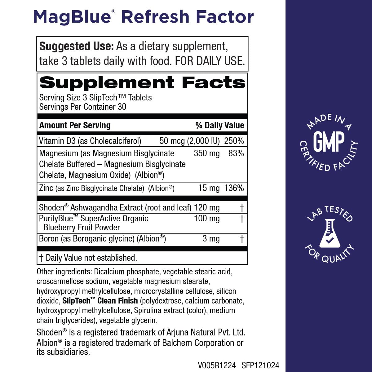 Purity MagBlue Refresh Factor tablet close-up highlighting magnesium for energy.