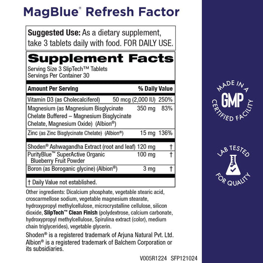Purity MagBlue Refresh Factor tablet close-up highlighting magnesium for energy.