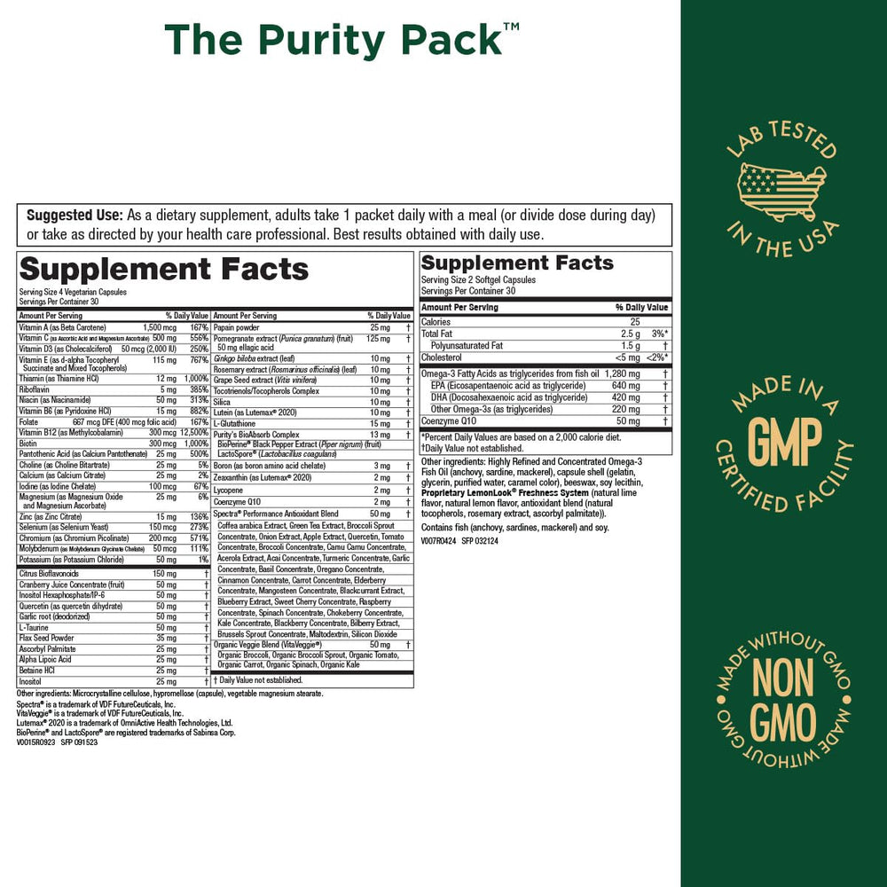 Purity Pack fish oil and CoQ10 softgels promote heart and cognitive support.